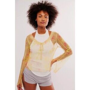 Free People Intimately Postcard From Paris Long Sleeve Top M Yellow Floral Lace
